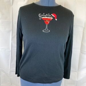 Christmas Santarita Black Shirt Sz XL Women Long Sleeve Embroidered Rhinestone